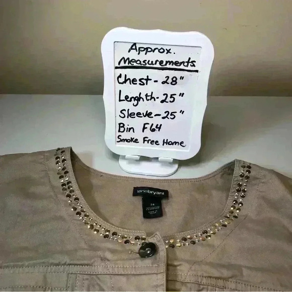 Lane Bryant Khaki Twill Jacket Size 28 Gold Silver Studs Button Front - Picture 13 of 13